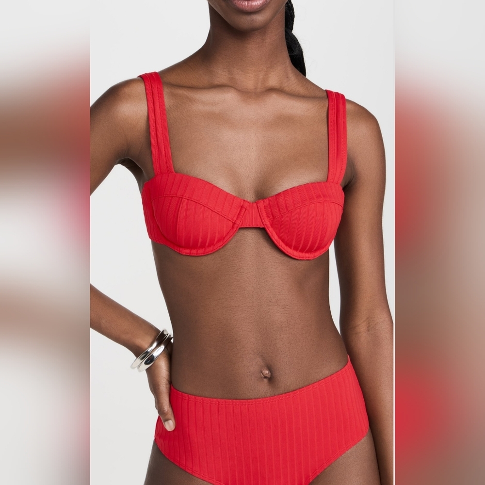 SOLID & STRIPED bikini swimsuit L Lipstick red Lilo ribbed old money new $136
